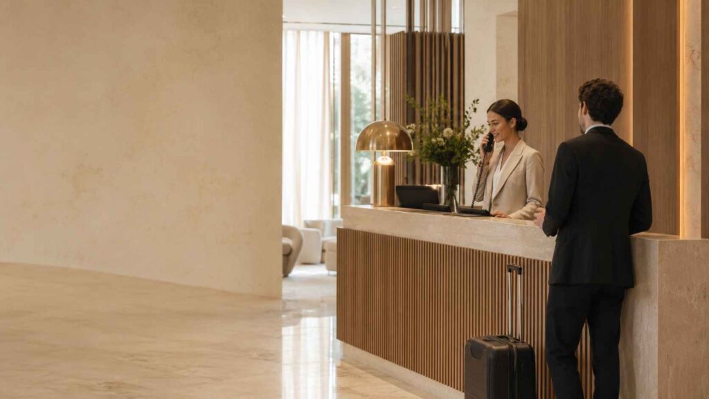 Rezeption überlastet am Telefon im Hotel