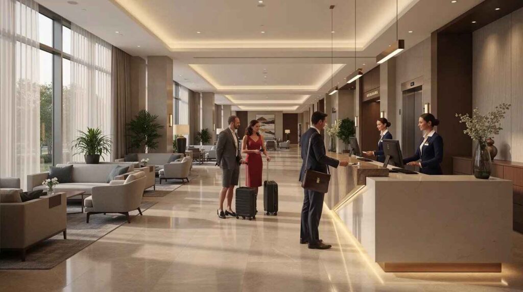 Eine moderne Hotellobby mit einer Reption.