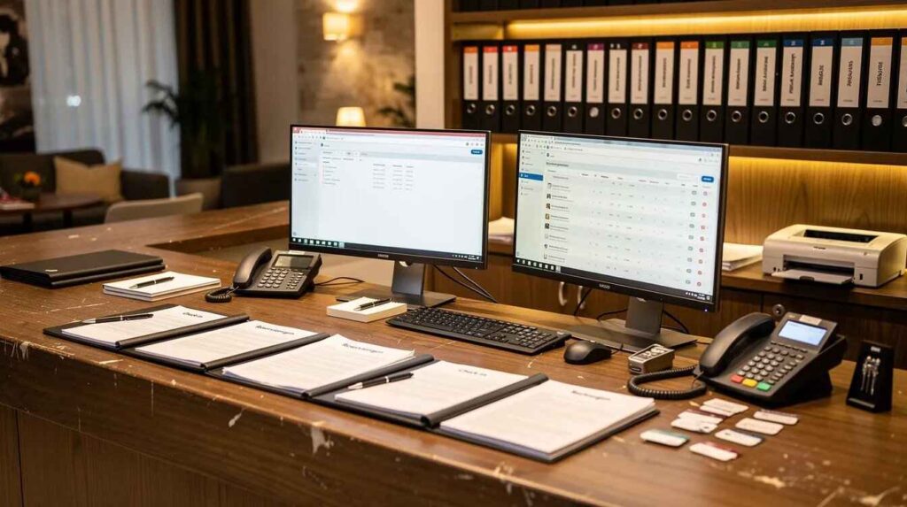 Hotel Backoffice mit Schreibtisch, Bildschirmen und Ordnern zur Verwaltung und Koordination der Gästebetreuung und Hotelabläufe.